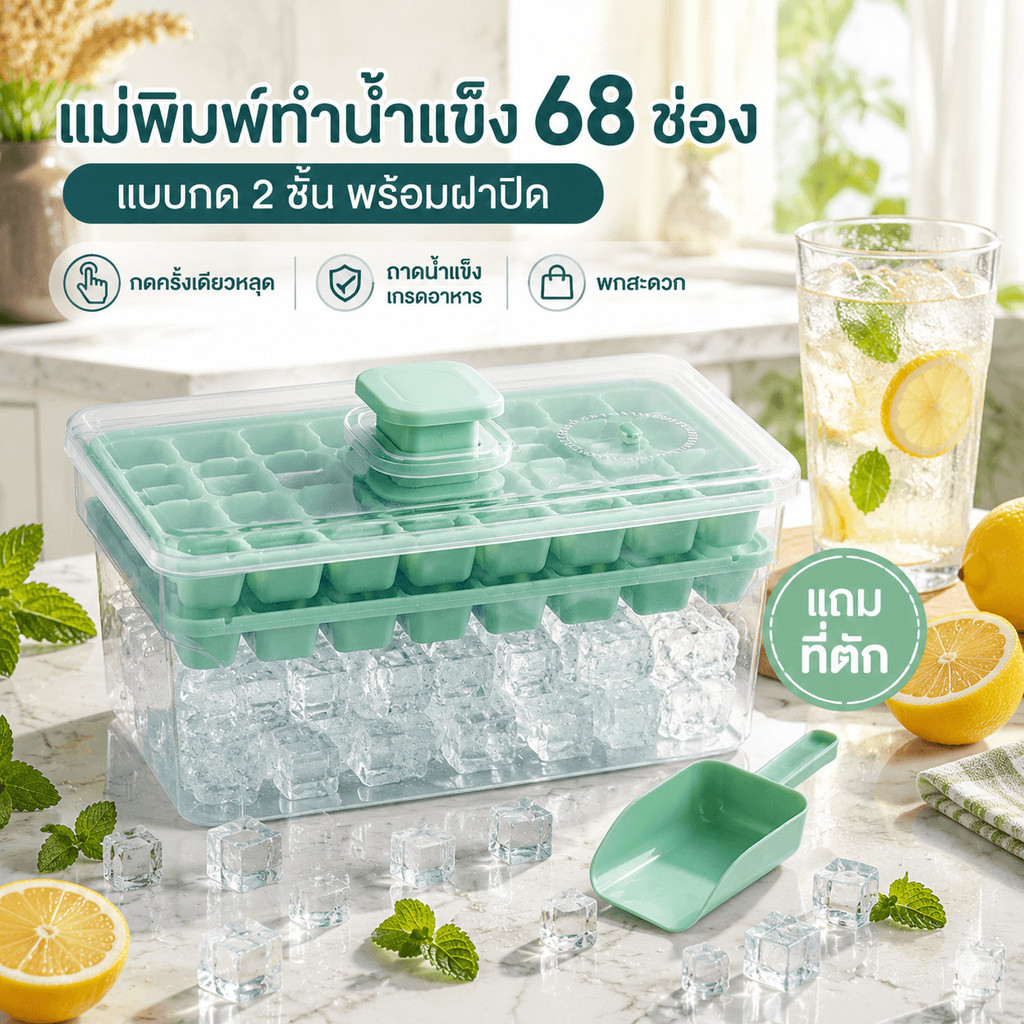 【วัสดุเกรดอาหาร】แม่พิมพ์น้ำแข็ง/ถาดน้ำแข็งกด/ทำน้ำแข็งก้อน/พร้อมกล่องเก็บ/ใช้งานสะดวก