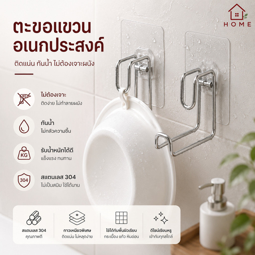 Home007 ที่แขวนกะละมัง ที่แขวนอเนกประสงค์ ตะขอแขวนของเอนกประสงค์ แบบติดผนัง ไม่ต้องเจาะ ประหยัดพื้นที่ รับน้ำหนักได้เยอะ