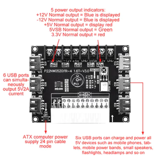 บอร์ดแปลงไฟ ATX 20/24Pin เอาต์พุต 5 ระดับ USB 6 ช่อง ขั้ว 20A พร้อมกล่อง