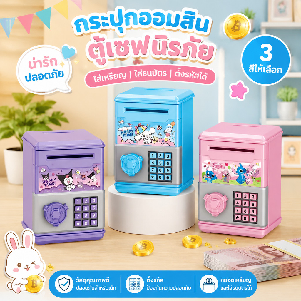กระปุกออมสิน Kids Piggy Bank Coin Banks-ใส่เหรียญธนบัตรได้ ปุ่มกดจำลอง ของขวัญเด็ก