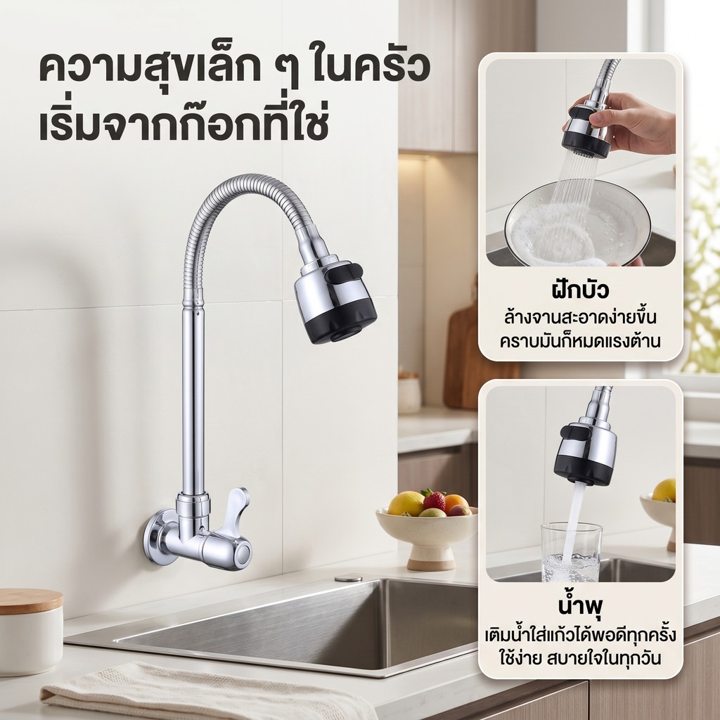 ก๊อกน้ําล้างจาน ก๊อกซิงค์ แบบตั้ง/ติดผนัง หมุนได้360° ปรับได้ 2 โหมด แรงดันสูง กันสนิม ล้างจานสะดวก ทนทาน