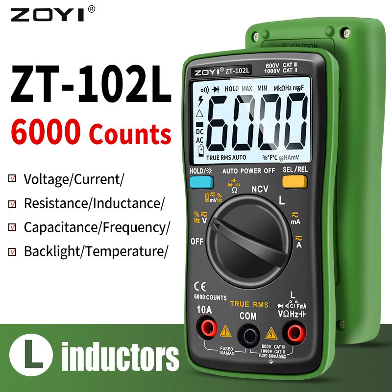 ZOYI ZT102L 6000 นับ True RMS มัลติมิเตอร์, เครื่องทดสอบไดโอดความถี่ความจุเหนี่ยวนํา