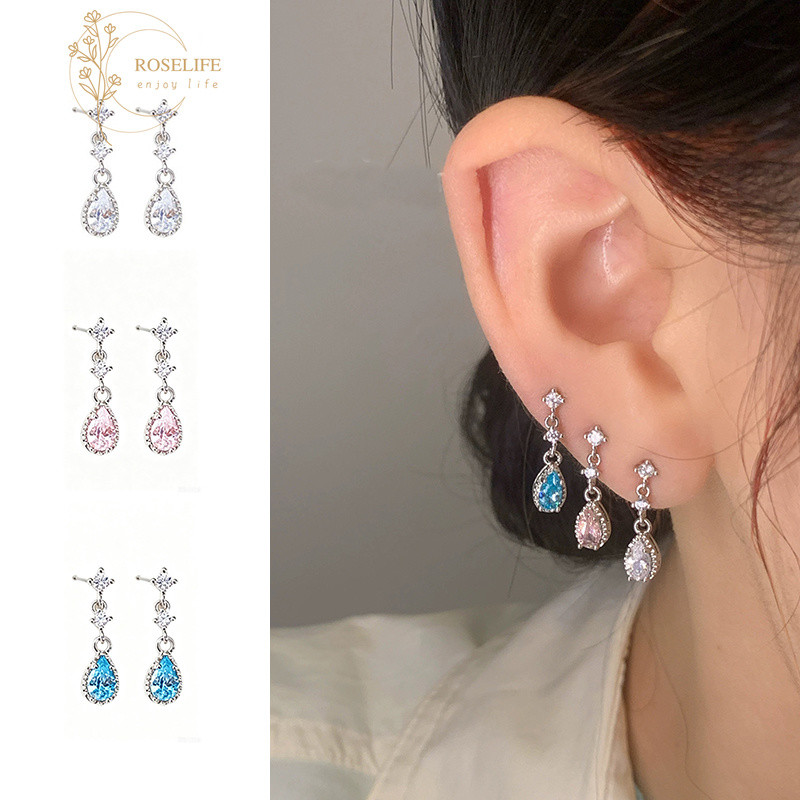 Roselife Delicated 1 คู่ S925 เงิน Dangle คริสตัลหยดต่างหูผู้หญิงแฟนซี Waterdrop ต่างหูหมั้นอาหารค่ํา Party Ear เครื่องประดับ