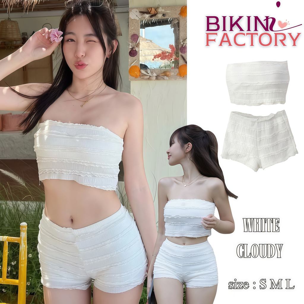 BIKINI FACTORY ชุดเที่ยวทะเล 2ชิ้น บิกินี่เกาะอก สีขาว น่ารัก ชุดไปชายหาด 🌊 มีไซส์ S-L | น้ำหนัก 38-58 กก. ตรงปก Y457