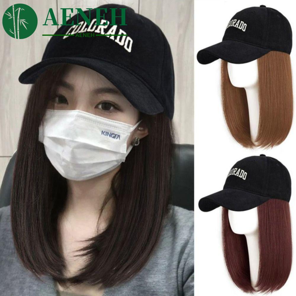 หมวกเบสบอลบ๊อบวิกผม แฮร์พีซสำหรับผมผู้หญิง สินค้าทนความร้อน ผมสังเคราะห์ยาวตรงบ๊อบ