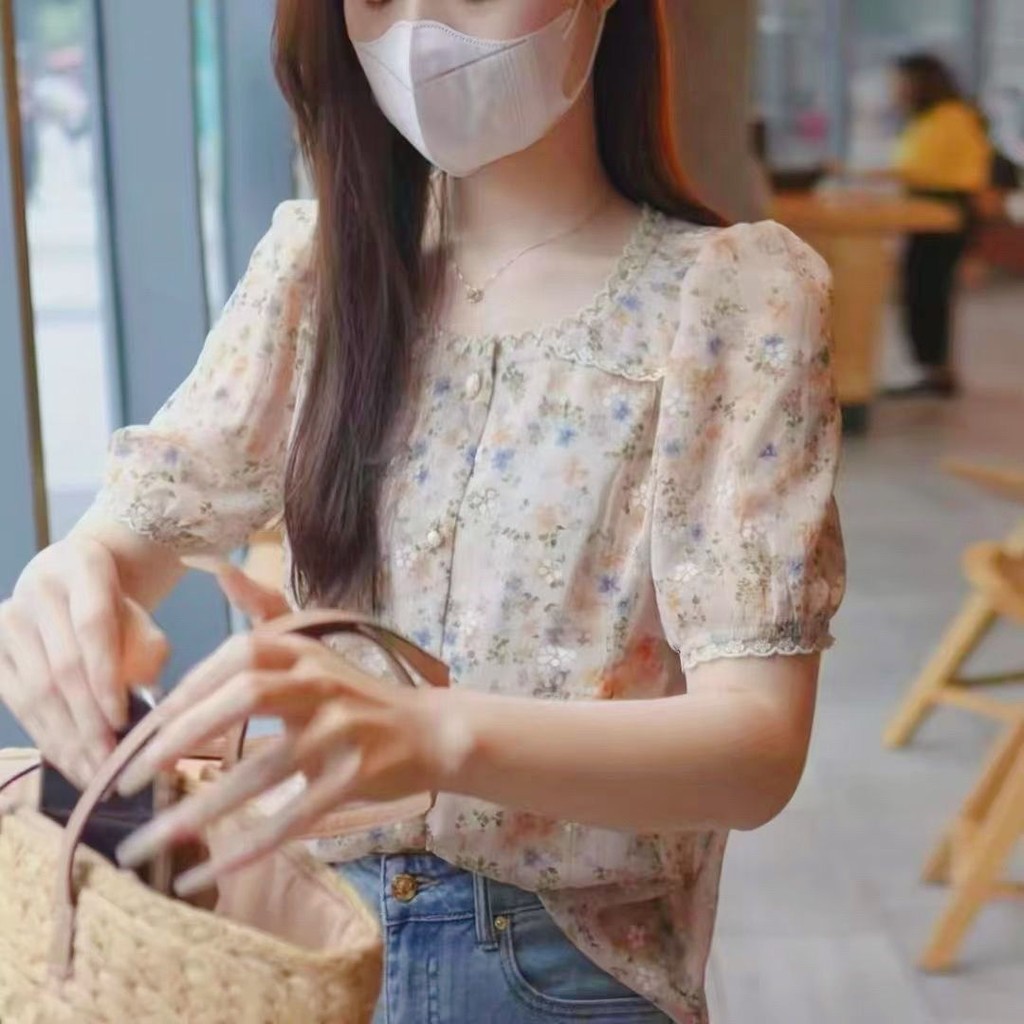 【ks1040.th】 碎花短袖雪纺衬衫女夏季宽松休闲方领衬衣时尚气质上 【0603FHx53hbgi】