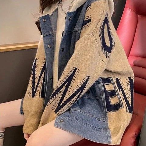 OVERSIZED DENIM JACKET PATCH WORK JACKET ZIPPER ZIGZAG ผู้หญิงสไตล์เกาหลี