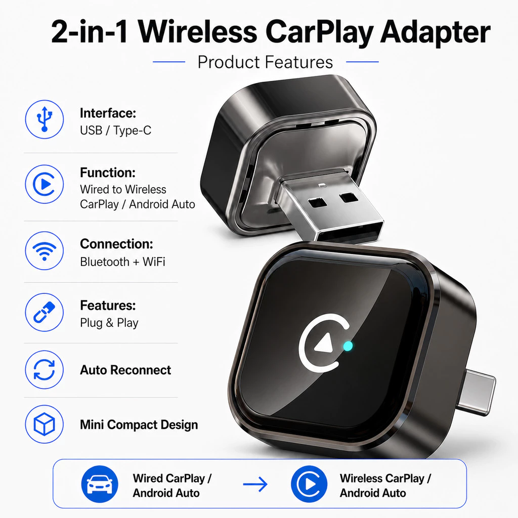 อะแดปเตอร์ CarPlay ไร้สาย 2 in 1 USB/Type-C รถ Dongle, Mini CarPlay Box Plug and Play, สําหรับ