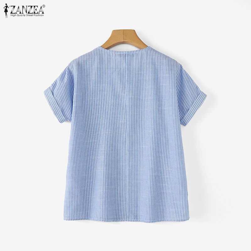 ZANZEA ผู้หญิงเกาหลีฤดูร้อนสบายๆลูกเรือคอ Raglan แขนกระต่ายพิมพ์ปุ่มขึ้นเสื้อลาย — صورة 8