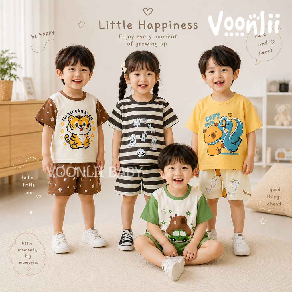 ชุดเซ็ตเสื้อแขนสั้นกางเกงขาสั้น ชุดเด็กแฟชั่นพิมพ์ลาย เซ็ตลำลอง 2 ชิ้น ใส่ได้ทั้งเด็กผู้ชายและผู้หญิง