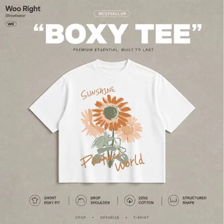 COD จัดส่งตลอด 24 ชั่วโมง Woo Right Boxy crop tee เสื้อยืดครอป Boxy Cropped T-Shirt ผู้ชาย ลาย SUNS
