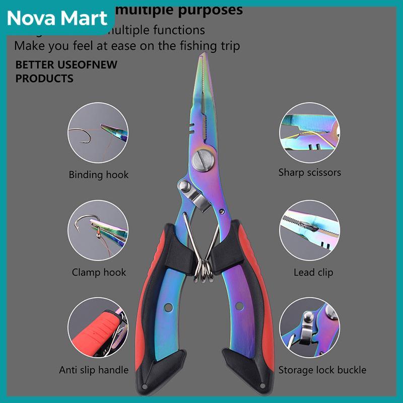NOVA Mart คีมตกปลาอเนกประสงค์1ชิ้น, คีมตัดสายเบ็ดตกปลาสแตนเลสกันลื่นที่เปิดแหวนแยกแบบพกพา