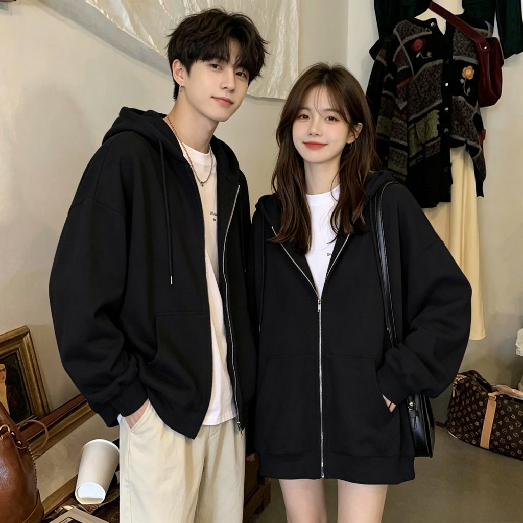 สเวตเตอร์ฮู้ดคอกันส์ ผู้ชายผู้หญิงใส่เหมือนกัน เสื้อเปิดหน้าซิปหน้าแขนยาว ทรงหลวม สไตล์คู่รัก ใส่จับคู่ได้หลายสไตล์