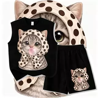 [COD]（ชุดเสื้อกั๊กและกางเกงสั้นเด็ก）เสื้อกล้ามครบรอบCAT style 2 ชิ้น แฟชั่น เซ็ตชุดเด็ก เสื้อ+กางเกง ชุดสองชิ้น+New เสื้