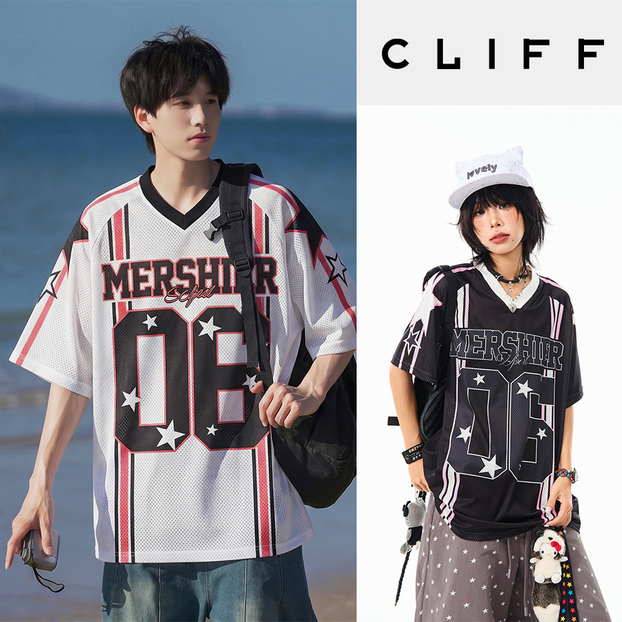 CLIFF เสื้อยืดแขนสั้นสไตล์อเมริกันวินเทจ ลายตัวอักษร คอวี ทรงหลวม ยูนิเซ็กส์ แฟชั่นใส่ได้ทุกชุด COD