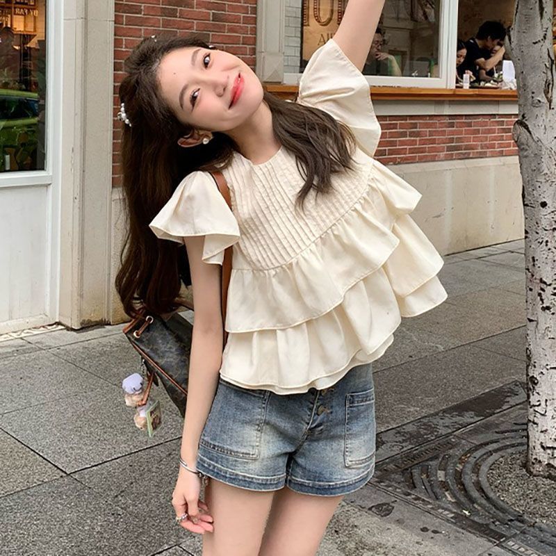 Sweet Puff Sleeve Puffy Top Ruffled Princess Baby Shirt Loose Small Flying Sleeve Top Womens