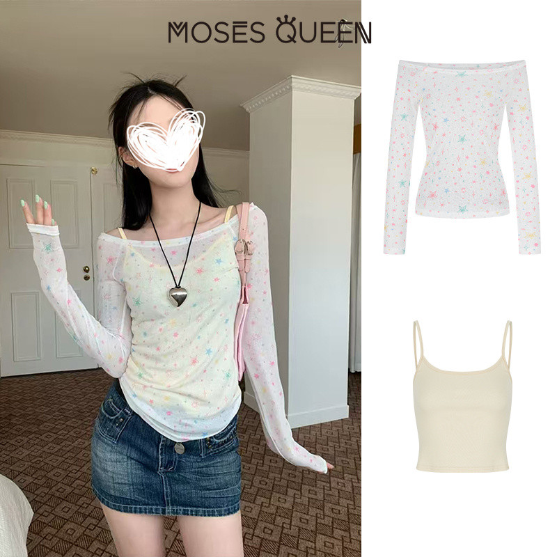 MOSESQUEEN มอสเนสควีน ชุดสองชิ้นเชือกแขวนคอสีขาวลายดาวสําหรับชั้นติดตั้งและลดอายุเสื้อยืดแขนยาวเปิดไหล่ด้านบนน้ําหนักเบา #63840+63841