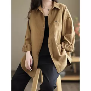 MIMI[สินค้าพร้อมส่ง]เสื้อเชิ้ตป้ายตัด,เสื้อเชิ้ตแขนยาวผ้าลูกฟูกสิ่งทอลายทแยงหลวมสวมใส่สบาย,ลำลองผู้หญิง,พลัสไซส์#99469