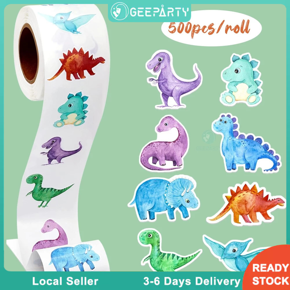 GeeParty สติ๊กเกอร์ม้วนไดโนเสาร์ 500 ชิ้น ลายไม่เรียง สำหรับวันเกิดเด็ก ปาร์ตี้ ธีมไดโนเสาร์ ของขวัญ ของใช้ตกแต่ง DIY งา