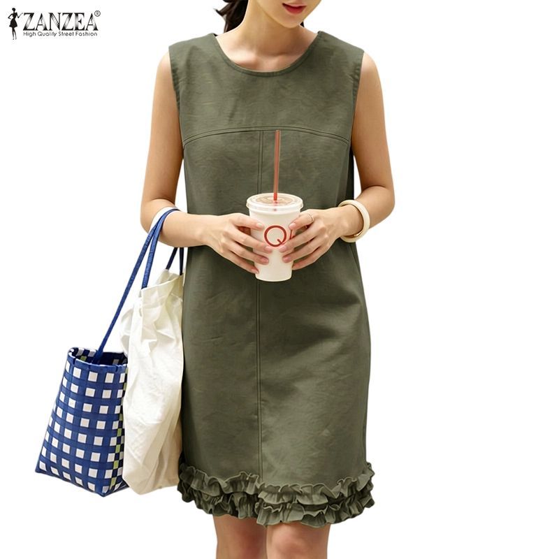 ZANZEA ชุดเดรสเสื้อกั๊กยาวถึงเข่าแฟชั่นเกาหลีของผู้หญิงลําลองคอกลมแขนกุดเร้าใจ