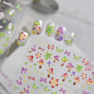 HAMA 5D นูนเล็บสติกเกอร์กระต่ายน่ารัก Tulip เห็ด Self-Adhesive Decals 3D บรรเทาลูกไม้โบว์ดอกไม้เล็บ Sliders Coquette Fairycore ตกแต่งเล็บ