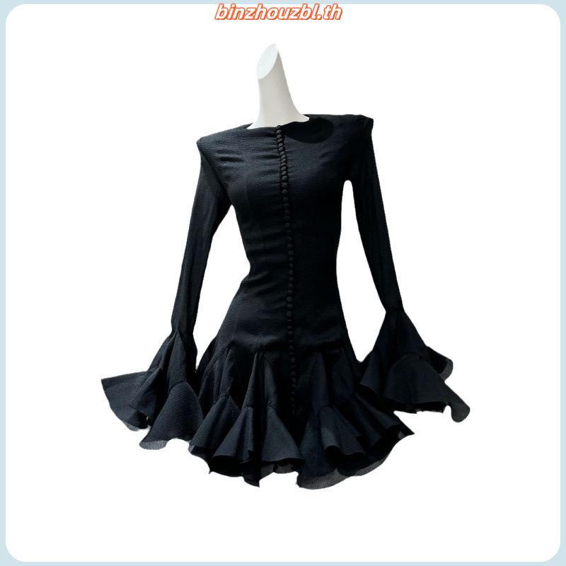 Zh พร้อมสต็อกTWOTWINSTYLE สีชมพู Patchwork Ruffle ชุดผู้หญิงรอบคอ Flare Sleeve High Waiting Slim Ele