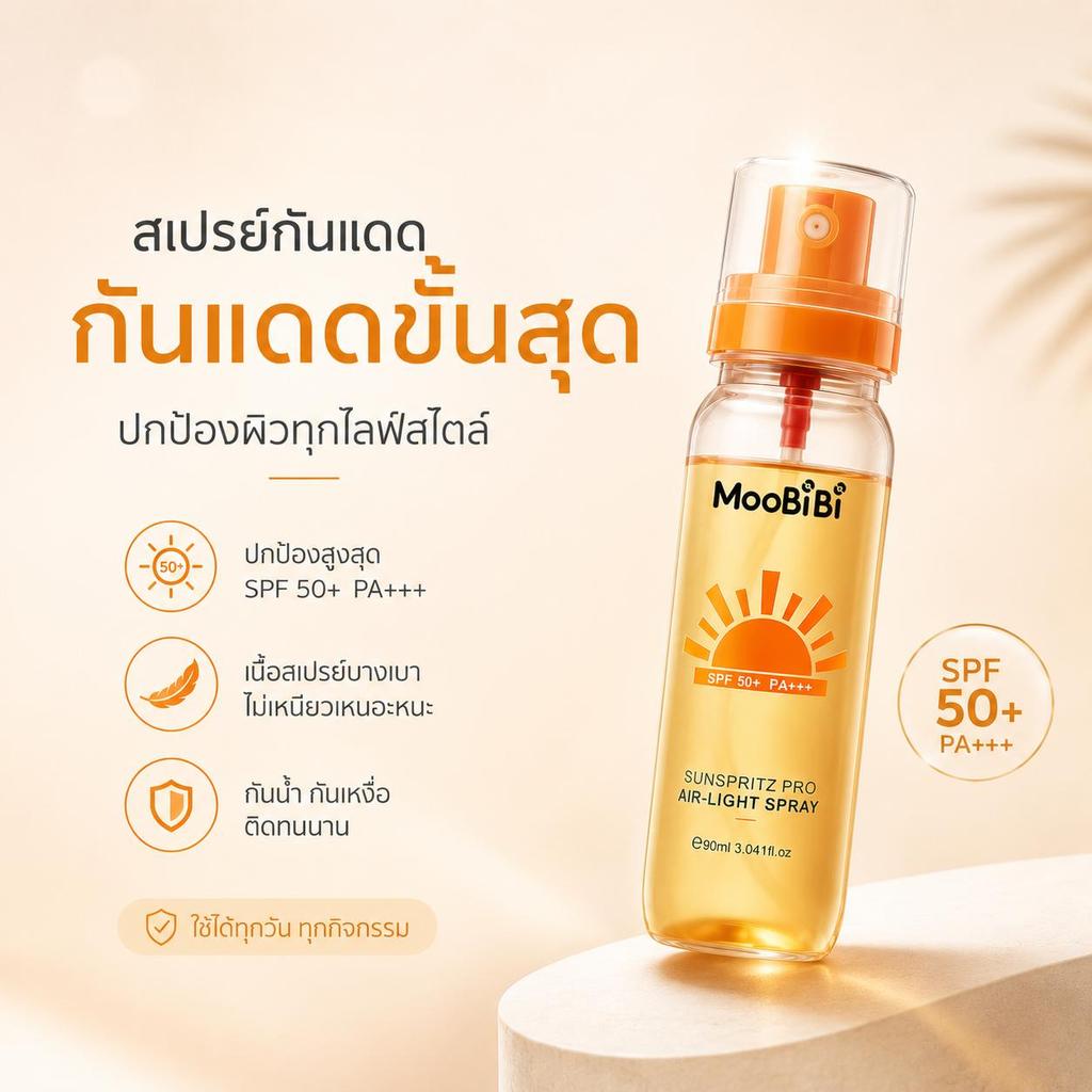 【ชุ่มชื้น Ultra】Moobibi Sunscreen Mist 90ml SPF50+ PA+++  สำหรับผิวหน้า / ผิวกาย เนื้อบางเบา กันน้ำ กันเหงื่อ  UVA/UVB