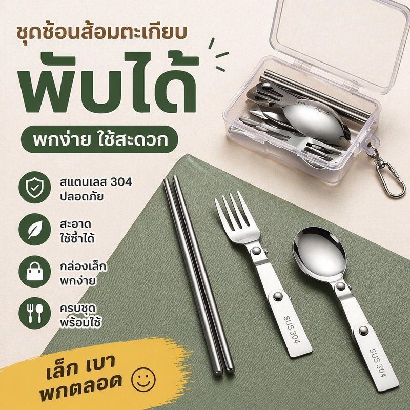 ชุดช้อนส้อมมีดพับได้ สแตนเลส304 ชุดช้อนส้อมพกพา กล่องใส ชุดช้อนส้อมนักเรียน ออฟฟิศ