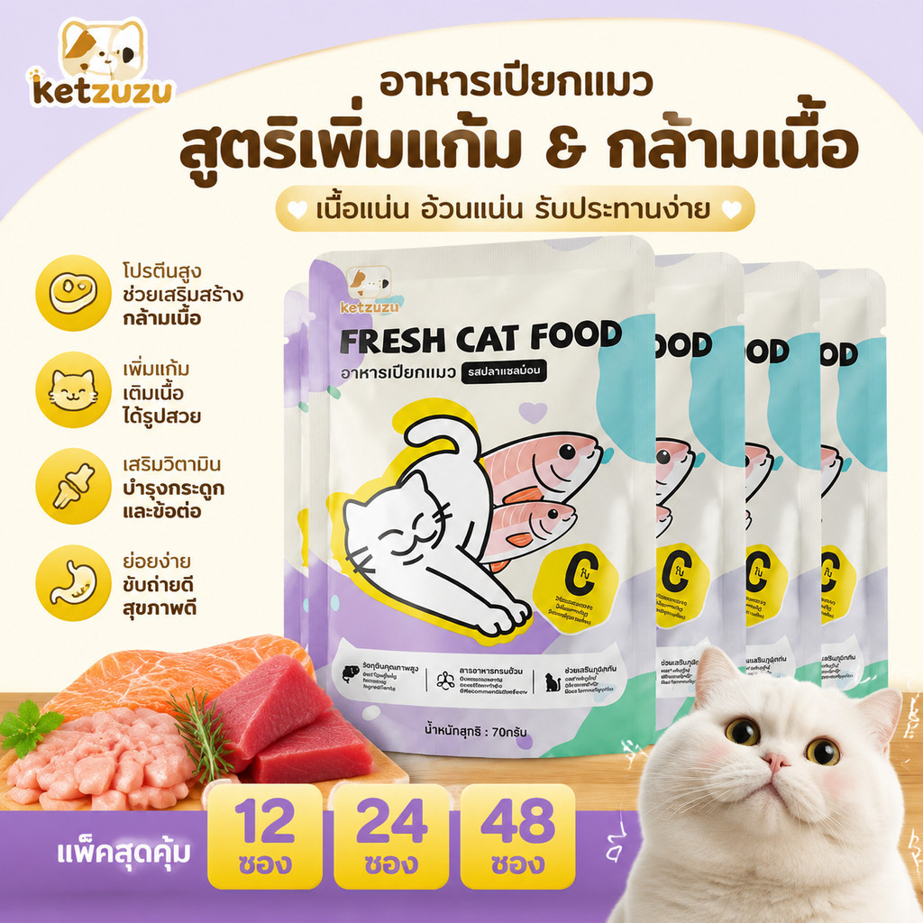 【Ketzuzu】[12/24/48 ซอง] อาหารเปียกแมว ไม่ใส่วัตถุกันเสีย รสไก่ สำหรับทุกวัย อร่อยทุกมื้อ