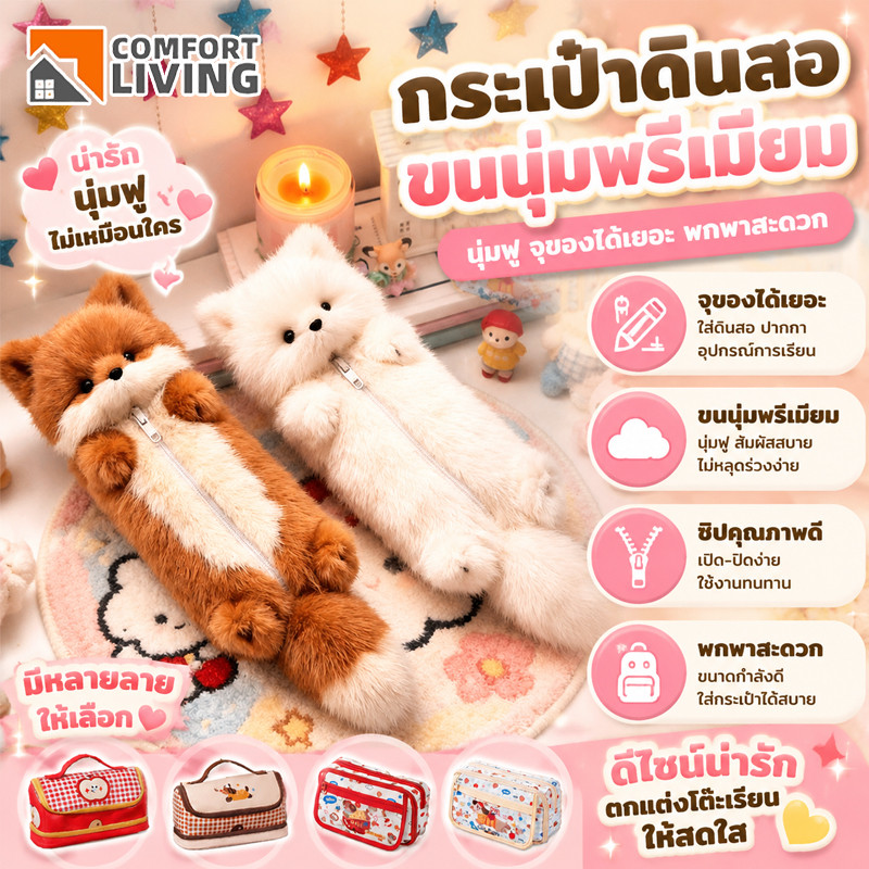 COD กระเป๋าดินสอขนปุย กระเป๋าดินสอน่ารักๆ ตุ๊กตาขนนุ่มลายสุนัขจิ้งจอก ความจุใหญ่