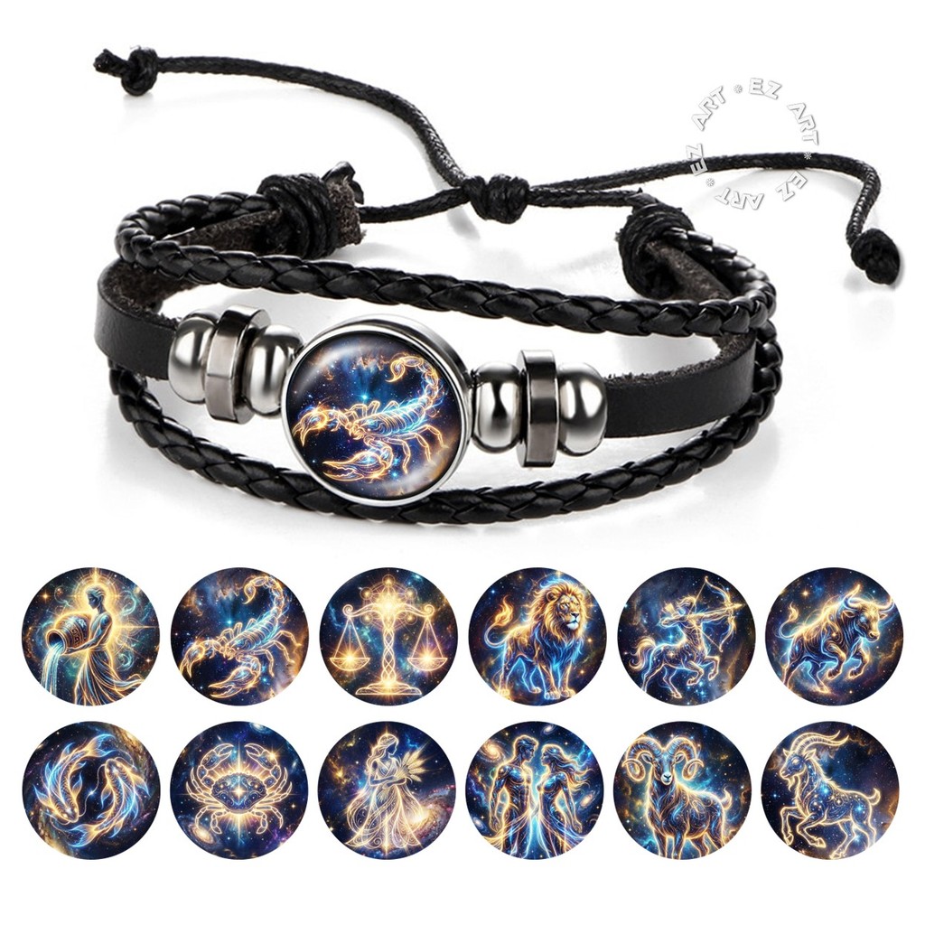 Zodiac สร้อยข้อมือ Galaxy Theme 12 Star Constellations ดูดวงสัญลักษณ์สายหนังสีดําหลาย Adjsutable Zod