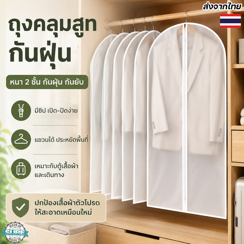 ถุงคลุมสูทกันฝุ่น Clothing Dust Bag หนา 2 ชั้น มีซิปใส่สะดวก ช่วยถนอมเสื้อผ้าในตู้และตอนเดินทาง