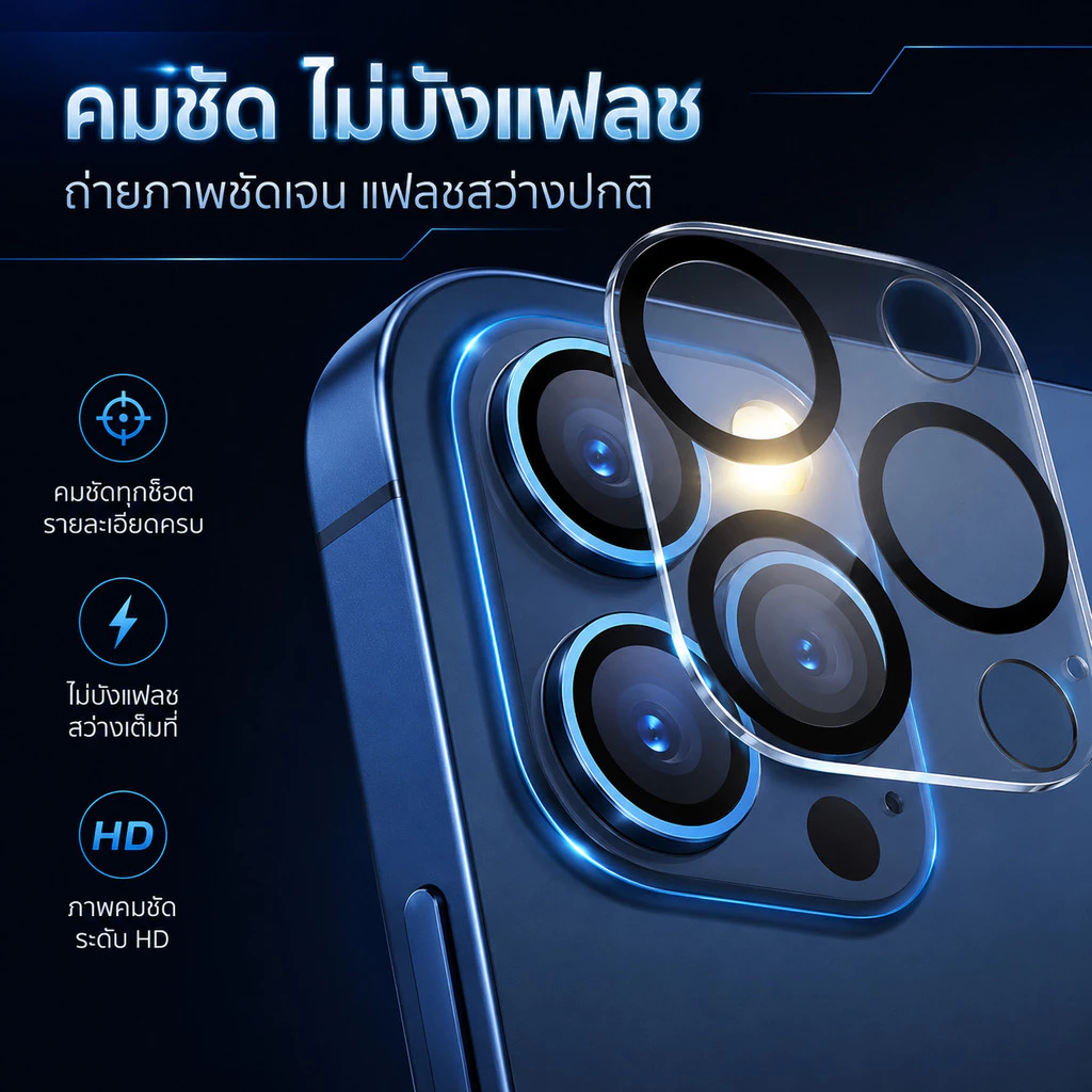ฟิล์มกล้อง ขอบเลนส์สีดำ ใส ใช้สำหรับ iPhoneป้องกันเลนส์กล้อง17PRO 16PLUS 15promax 14/14promax 13 pro max/12 pro max/11 thumbnail 5