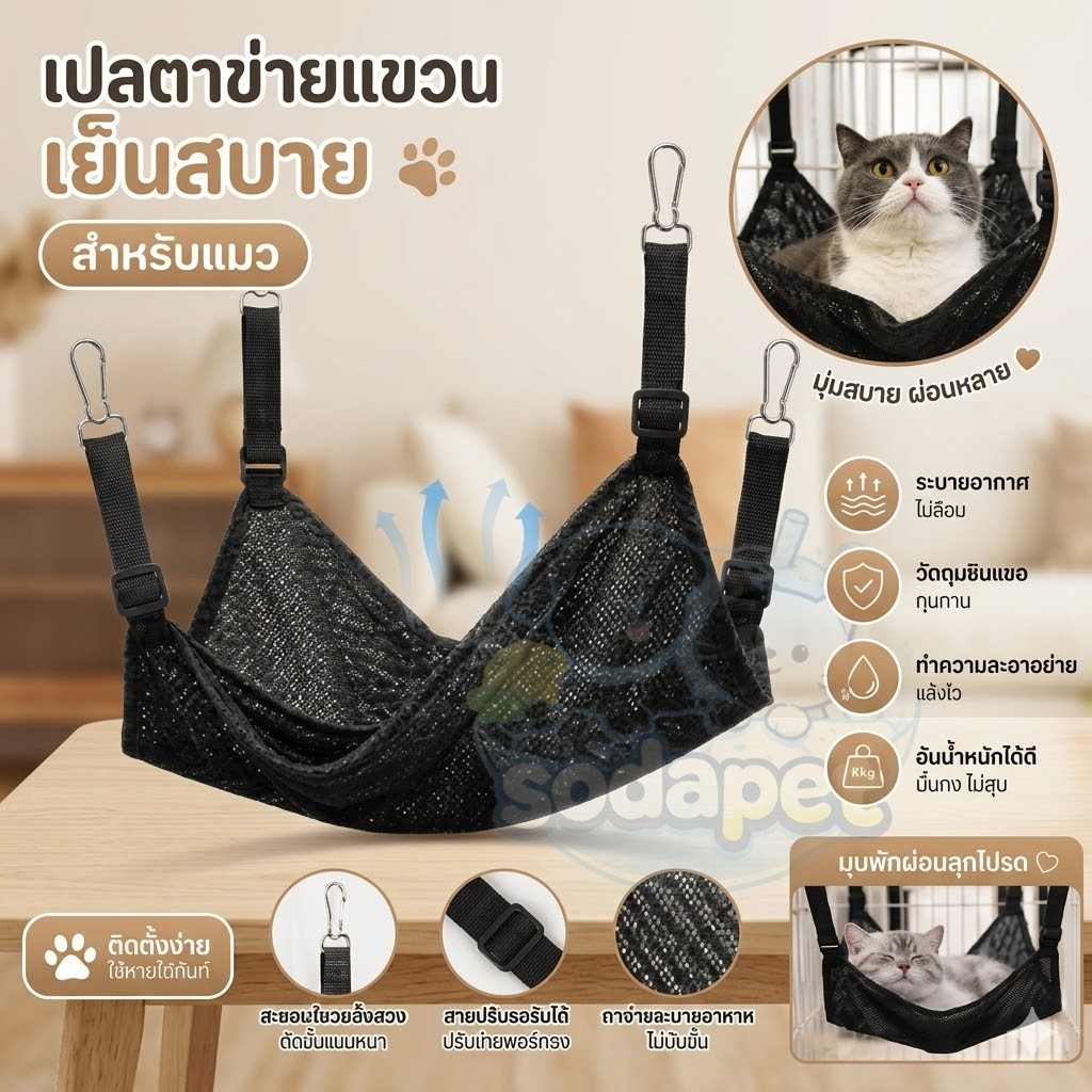 เปลแมวแขวน เปลญวนสัตว์เลี้ยง เตียงตาข่ายระบายอากาศ สำหรับหมาและแมว แข็งแรง ทนทาน