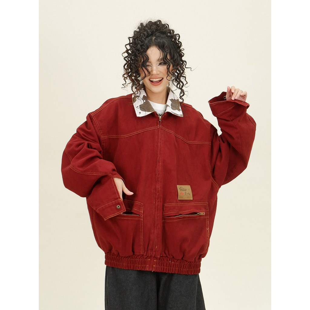 [ภาพเครือข่าย] 3J21 สีกาแฟสีแดง M--2XL P47 Little Oxford Composite Jacket