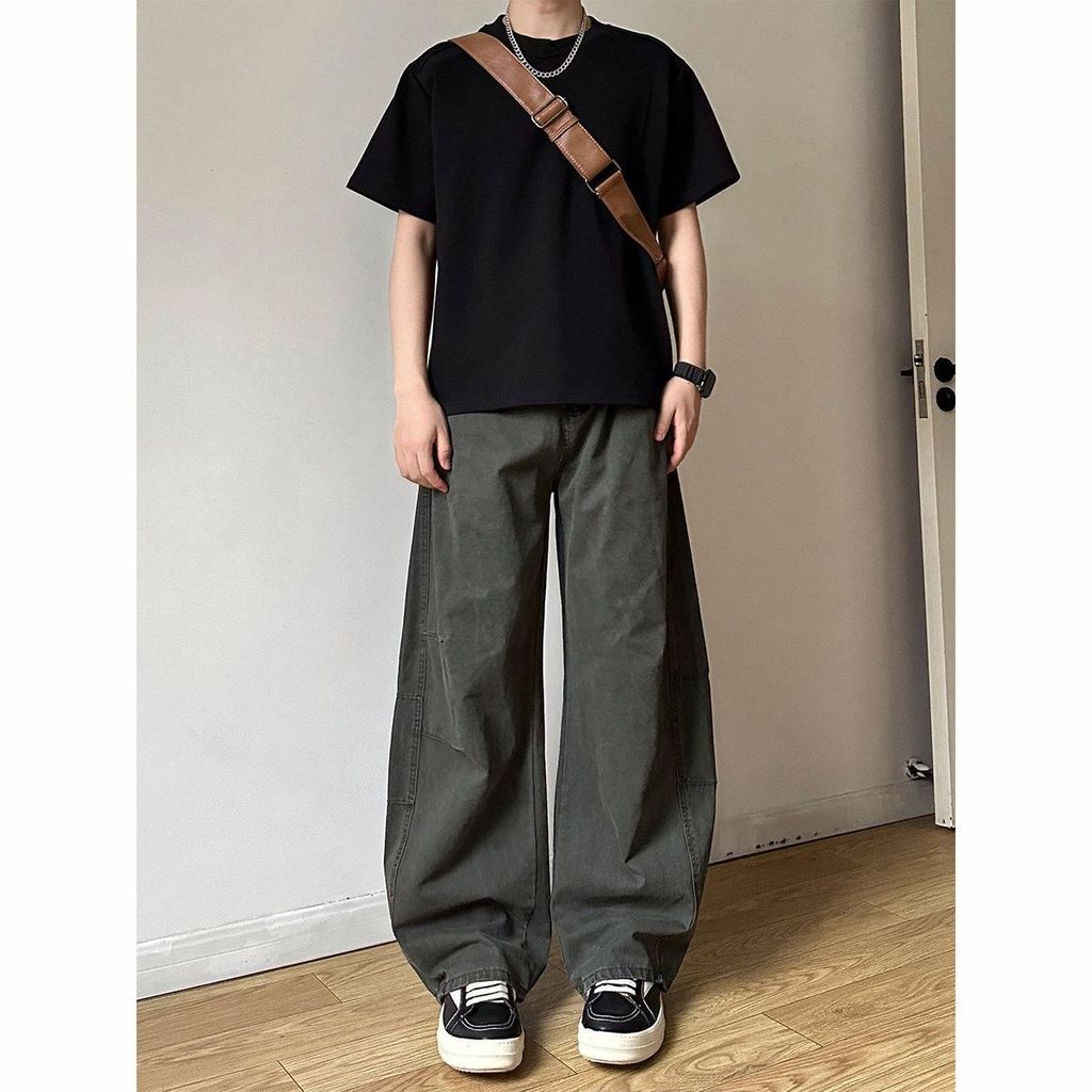 Army Green Macete American High Street Jeans Unisex Wide-Leg Overalls cleanfit กางเกงลําลองผู้ชาย