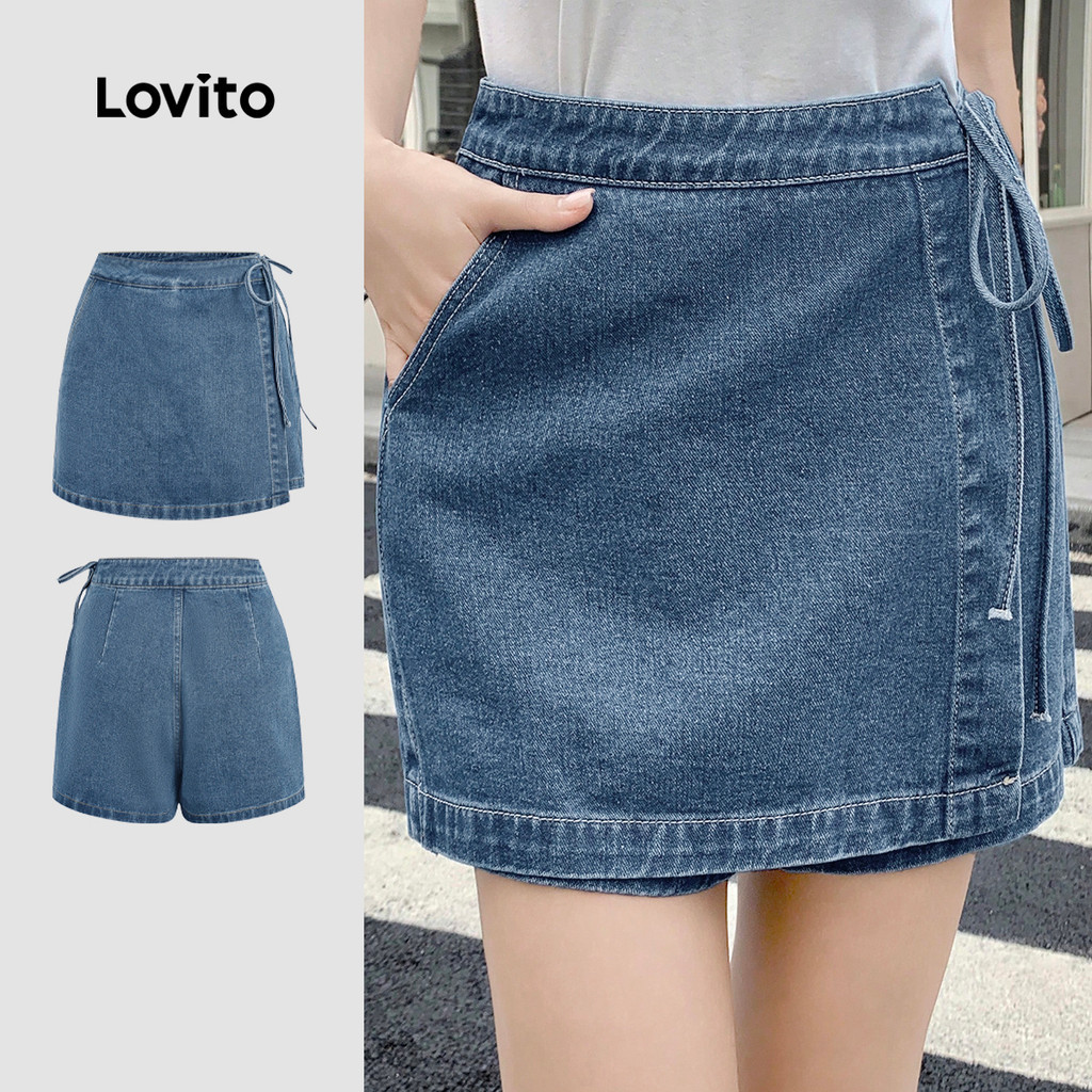 Lovito  กางเกงขาสั้นเดนิมลําลองแบบพันผูกด้านหน้าปลอม 2-in-1 สําหรับฤดูใบไม้ผลิ/ฤดูร้อน สีฟ้า สําหรับผู้หญิง L177ED360