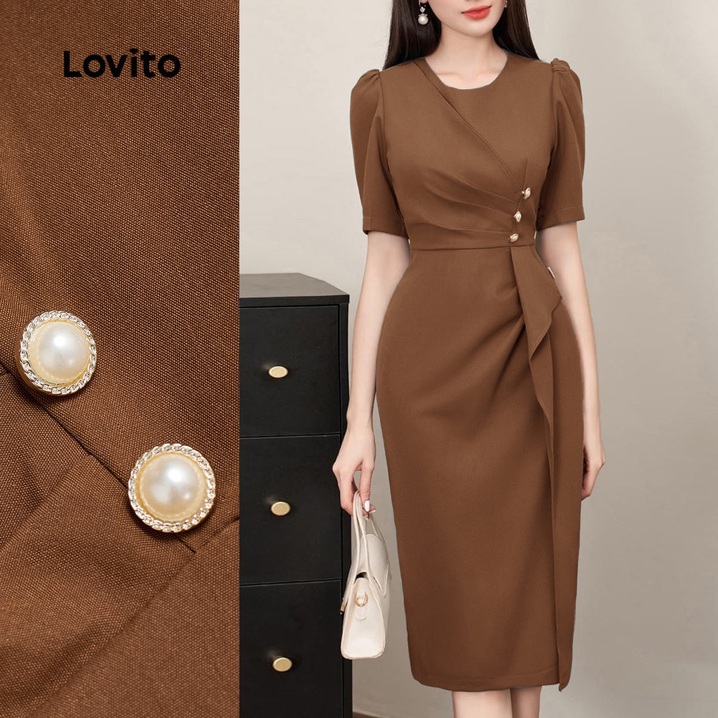 (New) Lovito ชุดกระโปรงหรูหราแต่งระบายสำหรับฤดูใบไม้ผลิ/ฤดูร้อน สีน้ำตาล สำหรับผู้หญิง L150ED093