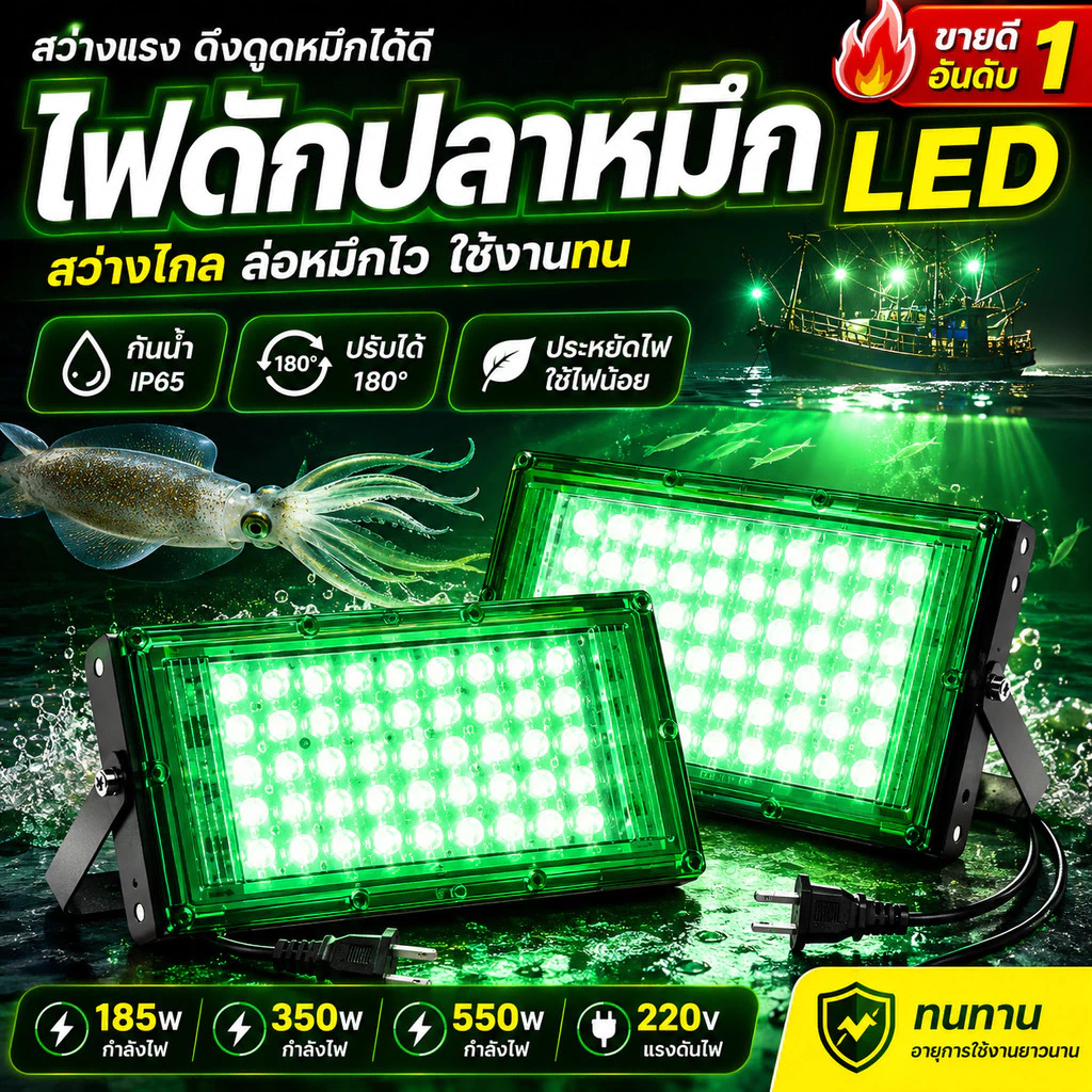 ไฟตกหมึก ไฟล่อหมึก สปอร์ตไลท์ แสงเขียว LED 185W 350W 450Wจุ่มน้ำ สปอตไลท์ คีบแบต ไฟ 12V Spotlight LED มี มอก.