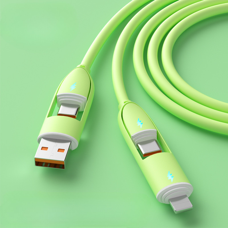 4 in 1 USB Type C ถึงสาย 100W Fast Charging Data CABLE ซิลิโคนซิลิโคนอย่างรวดเร็ว