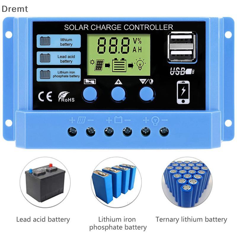 Dremt 30A 20A 10A Solar Charge Controller 12V 24V Auto แผงพลังงานแสงอาทิตย์ PV LCD Controller สําหรับแบตเตอรี่ตะกั่วกรด, Dual USB mt