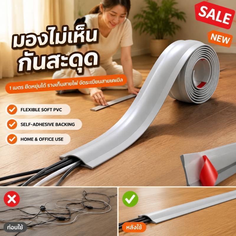 [มองไม่เห็นกันสะดุด] PVC นุ่มจัดระเบียบสายเคเบิล ฝาครอบสายไฟพื้น ฝาครอบสายไฟพื้น ฝาครอบสายไฟตกแต่ง ช่องเสียบสายเคเบิลแบบเปิดปลาย