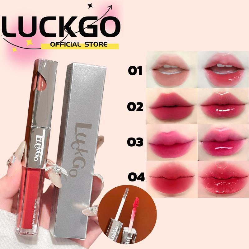 ลิปกลอส 2-in-1 จาก LUCKGO: ด้านหนึ่งเป็นเนื้อลิควิด อีกด้านเป็นลิปสติกเนื้อแมท เนื้อบางเบา สีสันสดชัด ติดทนนาน