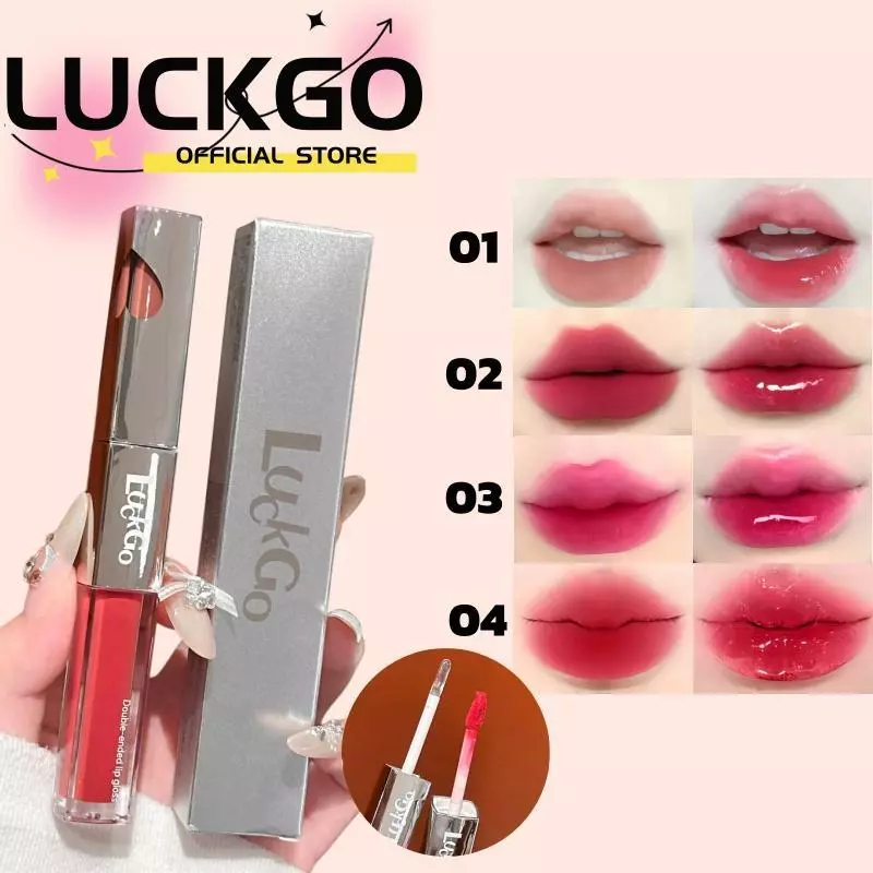 ลิปกลอส 2-in-1 จาก LUCKGO: ด้านหนึ่งเป็นเนื้อลิควิด อีกด้านเป็นลิปสติกเนื้อแมท เนื้อบางเบา สีสันสดชัด ติดทนนาน