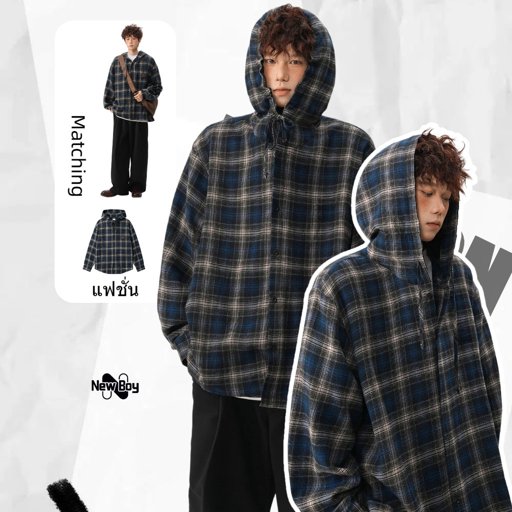 NewBoy เสื้อลายสก๊อตอเมริกันย้อนยุคสีคมชัดลายสก๊อตคลุมด้วยผ้าฤดูใบไม้ผลิผู้ชายผู้หญิงสไตล์เดียวกันคู่หลวมแนวโน้ม