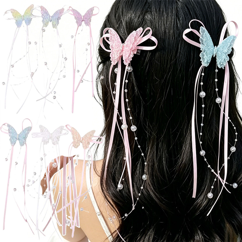 1/2/4 ชิ้น Glitter ผีเสื้อไหลพู่คลิป / ริบบิ้นลูกปัดแก้ว Duckbill Clamp / กิ๊บติดผมยาวหวาน