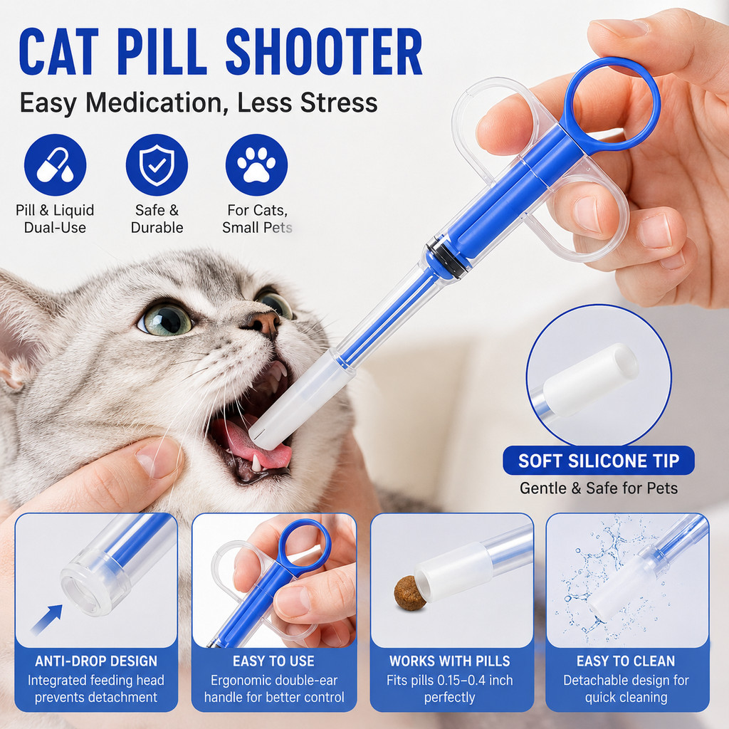 Cat Pill Shooter Pet Piller Gun Silicone Tip Medicine Dispenser Easy Medicine Pusher for Small Animals ABS Body + ปลายยางนุ่มเกรดทางการแพทย์