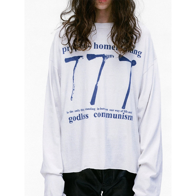 ERD Melancholy Fu รุ่นที่สอง 777 Graffiti พิมพ์ด้อยหลวมรอบคอแขนยาวเสื้อยืดผู้ชายผู้หญิงอินเทรนด์