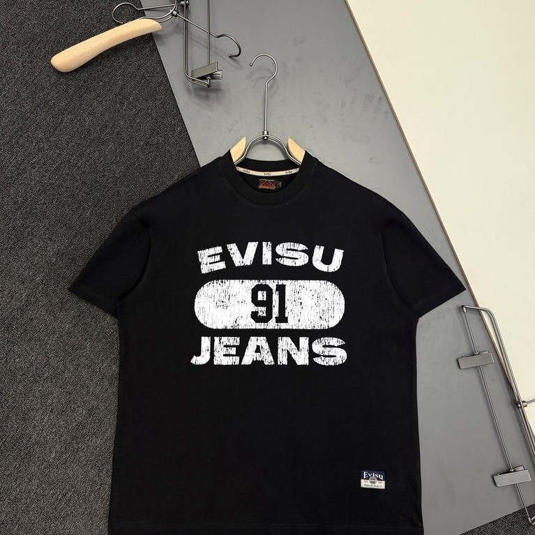 Evisu/God of Fortune 2026 เสื้อยืดแขนสั้นคอกลมสไตล์คู่ผู้ชายรอบคอ Basic ฤดูร้อนพิมพ์เสื้อยืดสบายสีทึ