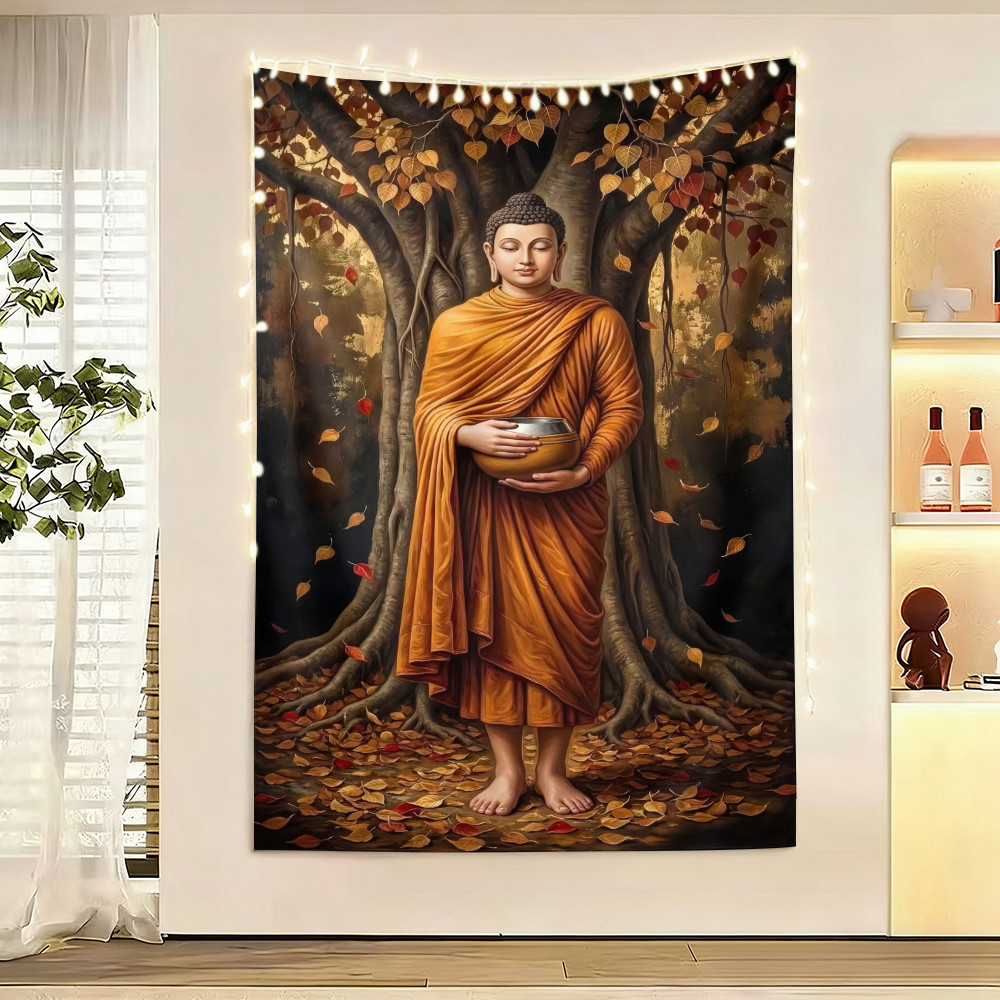 ผ้าตกแต่งผนังพระพุทธถือบาตรใต้ต้นโพธิ์ สไตล์วินเทจ ตกแต่งห้องบูชา | Vintage Buddha Monk Holding Alms Bowl Bodhi Tree Wal